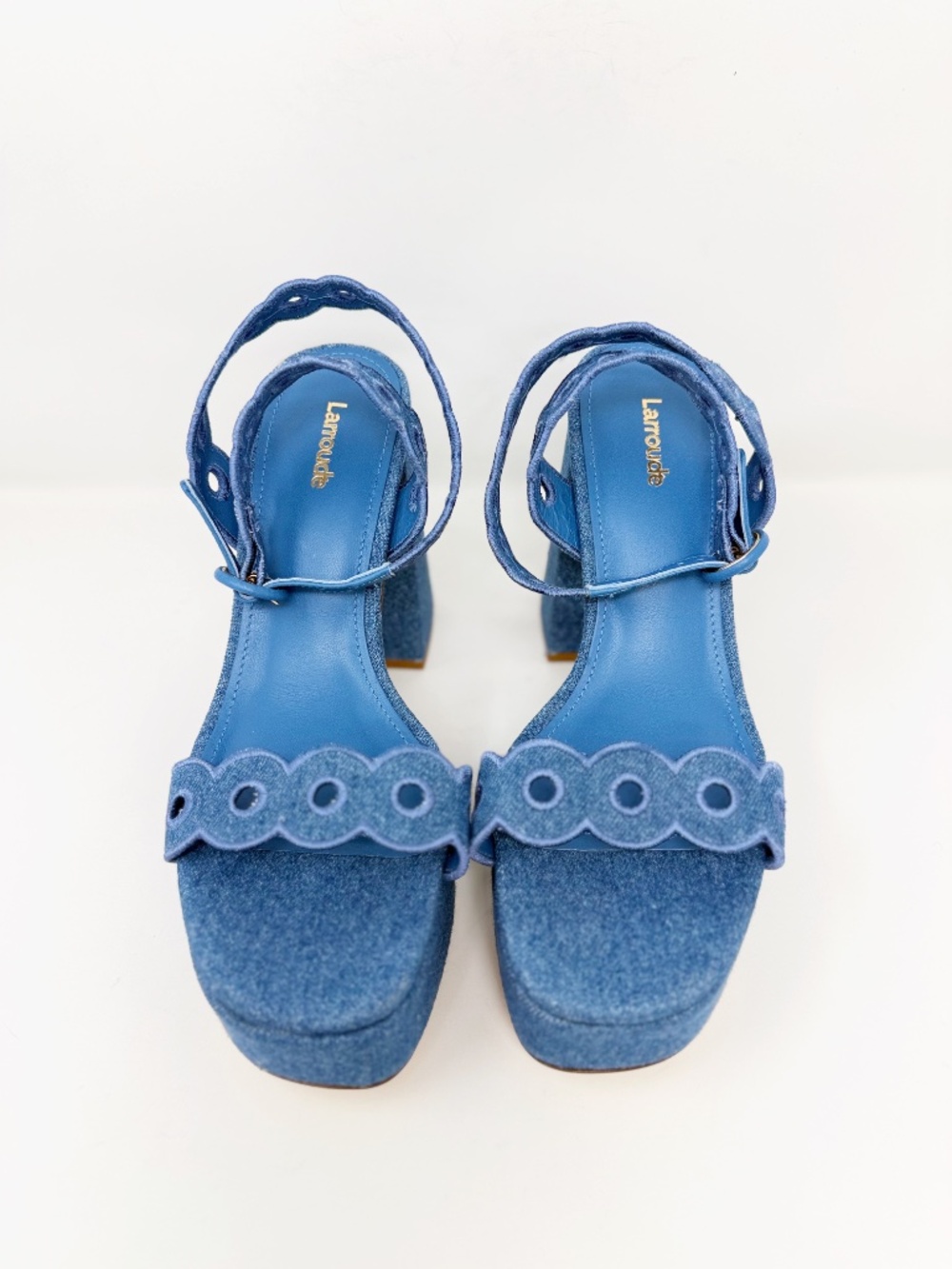 New Larroude Dolly Broderie Sandal In Blue Stoned Denim Sz 9.5 - Picture 7 of 12